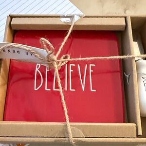 Rae Dunn Red 'Believe' Plate with matching knife spreader